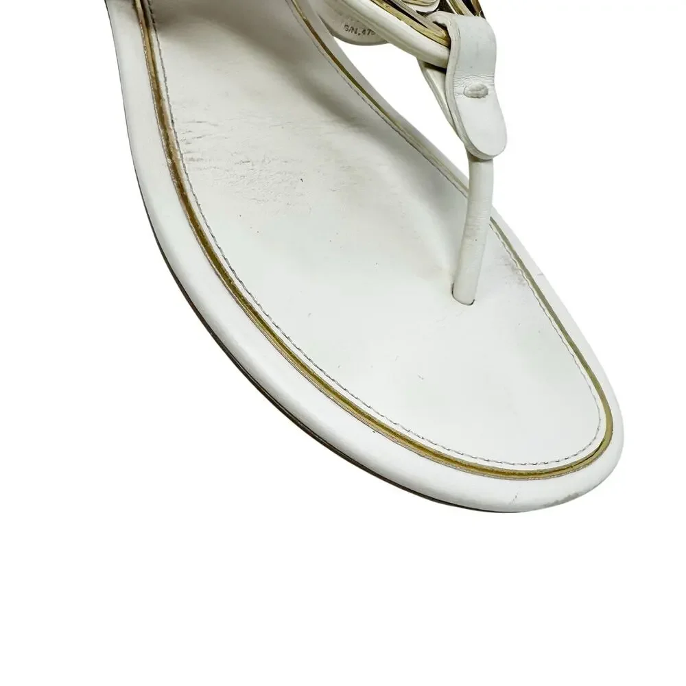 Tory Burch Ivory Benton Thong Slide Sandal Leather Gold Logo Box 9.5
